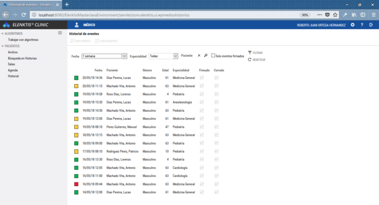 Historial de registros por médico o técnico (Elenktis Clinic)