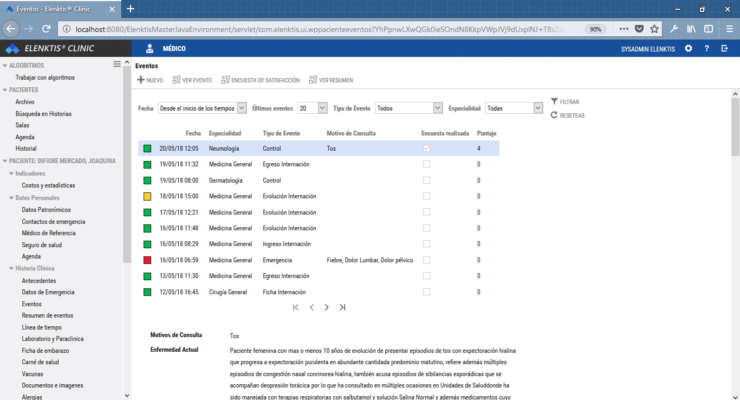Visor de historia clínica electrónica de un paciente (Elenktis Clinic)